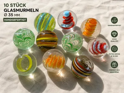Produktbild von 10 Stück XXL Glasmurmeln Ø 35 mm – Handgefertigte große Murmeln aus Glas – Bunter Mix zum Sammeln, Spielen & Dekorieren, KI-generiertes Bild