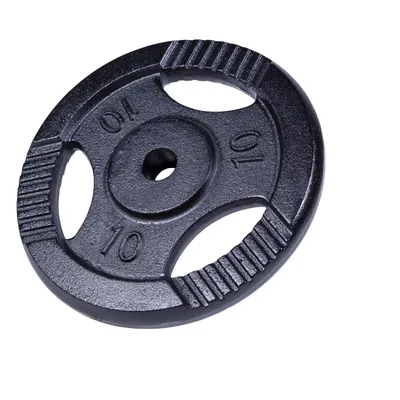 A single black weight plate on a white background.