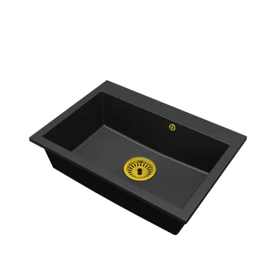 Produktbild von Granit-Einbeckenspüle Elite 70 – Schwarz mit goldenem Siphon