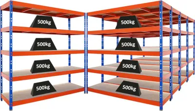 Produktbild von Mega Deal | 5x Profi Schwerlastregal Rhino | HxBxT 200x200x60cm | 5 Spanplatten-Ebenen 8mm | Fachlast 500kg | Blau/Orange