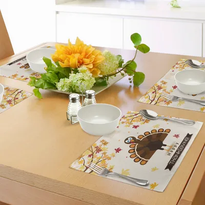 Produktbild von ABAKUHAUS Truthahn Platzmatten, Herbstsaison-Illustration-festliches Feiertagsthema-abstrakte Herbst-Feier, Tiscjdeco aus Farbfesten Stoff für das Esszimmer und Küch, Orange Gelb Braun