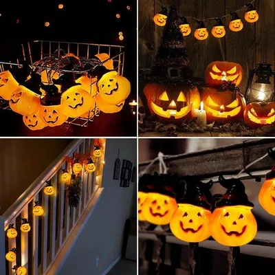 Zdjęcie produktu dla Świąteczna lampka Unyqoos® Halloween – 20 trójwymiarowych lamp w kształcie dyni, długość 3 metry, 20 ciepłych, białych diod LED, 2 tryby, zasilana bateriami (3xAA), do użytku wewnątrz i na zewnątrz