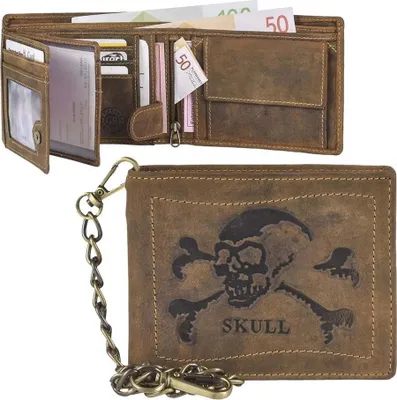 Zdjęcie produktu dla Greenburry portfel SKULL skórzany portfel biker portfel biker portfel czaszka portfel łańcuszek