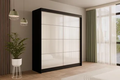 Produktbild von ALTDECOR Kleiderschrank mit Lacobel-Schiebetüren, kugelgelagerte Führungsschienen und Aluminium-Leisten - PEKA3 - 200 cm Schwarz /  Weiß