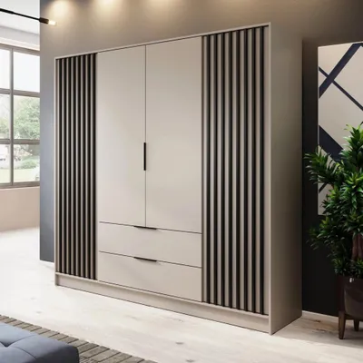Produktbild von Kleiderschrank Stilo Kaschmir Beige mit Lamellen – 206 cm, 4 Türen, 2 Schubladen, Trendfarbe
