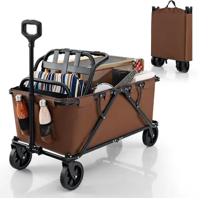 Productafbeelding van Opvouwbare bollerwagen - Transportwagen - Verstelbare handgreep - Bekerhouder - Opbergtas - Geschikt voor camping - Bruin