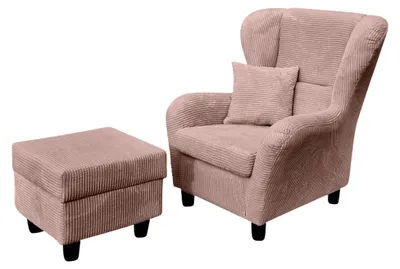 Produktbild von Bequemer Ohrensessel mit Hocker im Landhaus-Stil, B90/H98/T76 cm, hoher Sitzkomfort durch Wellenunterfederung, moderner Lesesessel mit Holzfüßen und Zierkissen, Cord in Rosa