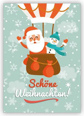 Produktbild von 4x Fröhliche Winter Weihnachtskarte mit Santa im Heißluftballon: Schöne Weihnachten