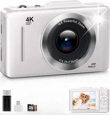 Obrázek produktu pro Kompaktní digitální fotoaparát 4K 48 MP – 32 GB paměti – stabilizátor obrazu + 16násobný zoom – bílý