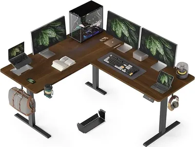 Productafbeelding van L-vormig verstelbaar bureau, elektrisch, 160 x 140 cm. Hoekbureau met verstelbare hoogte, sta-zit computerbureau met kabelmanagement, geschikt voor kantoor, thuiswerk en gamers, kleur: zwartnoten