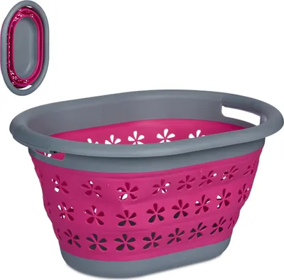 A pink and gray collapsible laundry basket is shown against a white background. A smaller, folded version of the basket is visible in the upper left corner.