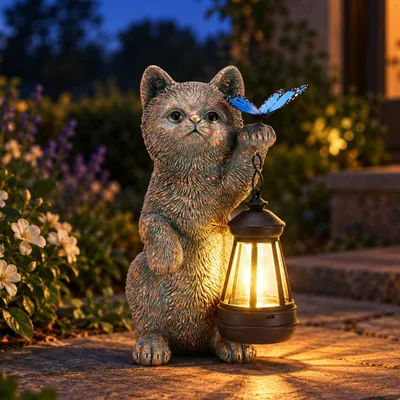 Katzenfigur mit Solar-Laterne, wetterfest, Gartendekoration