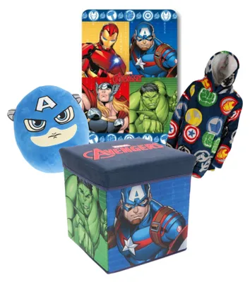 Produktbild von Avengers-Schlafzimmer-Set; bestehend aus einer Aufbewahrungsbox, einer Fleece-Decke, einer Kapuzen-Decke und einem weichen Kuscheltier