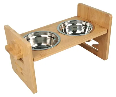 Image de Station d'alimentation surélevée pour chiens et chats - Support réglable en hauteur - Double gamelle - 2 gamelles en acier inoxydable - Pour petits chiens et chats - Bois naturel