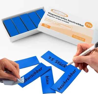 Obrázek produktu pro ECENCE 75 magnetických proužků s možností zápisu - 60x20mm modré - lepicí proužky s možností stírání