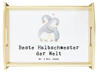 Produktbild von Mr. & Mrs. Panda Deko Tablett Pinguin Beste Halbschwester der Welt - Weiß - Geschenk, Holztablett, Familie, Schwestern, Geschenkidee, Kleinigkeit, sofatablett, Servier