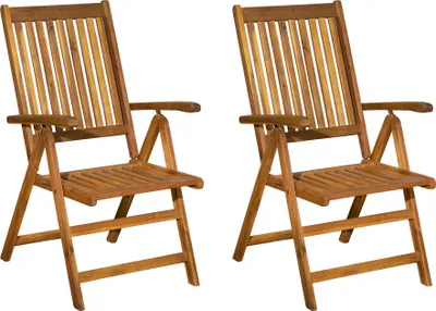 Two wooden garden chairs are shown against a white background.