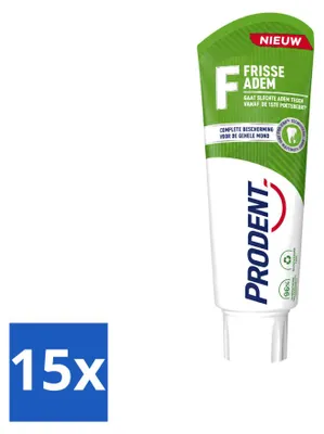 Imagen del producto de 15 tubos de pasta de dientes Prodent para un aliento fresco, con tecnología Pro-Zinc. Paquete económico. 15 unidades