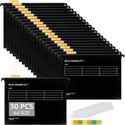 Obrázek produktu pro Zavěsné složky A4, 30 kusů, černé, rozměry 31,5 x 24,5 cm, s uzavíratelnými kapsami, vhodné do kanceláře