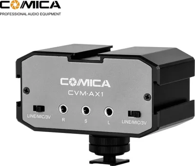 Obrázek produktu pro CoMica CVM-AX1 Audio Mixer Adapter Univerzální dvoukanálový 3,5mm portový mixér s podporou monitorování v reálném čase Mono / stereo výstupní přepínač pro DSLR fotoaparát s kamerou pro 3,5mm pozitivní a pasivní mikrofon