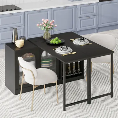 Produktbild von Moderner Bartisch, Ausziehbar 360° Drehbare Bartisch Mit Stauraum, Reversibel Tisch Sideboard Bar Mit Glasschranktür, Bar Tisch Für Küche Kaffeebar