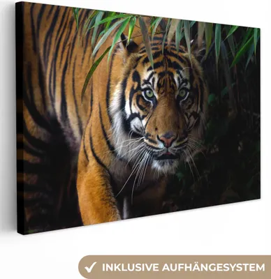 Produktbild von MuchoWow® - Leinwandbilder - Tiger - Blätter - Dschungel - Tiere - Wild, Wandbild, Wanddeko Bilder Wohnzimmer, 90x60 cm