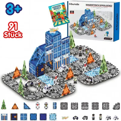 Produktbild von Bunobi Magnetische Tiles Polizei Set, 91 Teile mit 7 Figuren, Magnetisches Spielzeug mit Rennstrecke, Montessori & STEM Spielzeug ab 3 Jahren