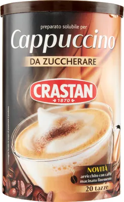 A can of Crastan Cappuccino Da Zuccherare with a cup of cappuccino in the foreground.