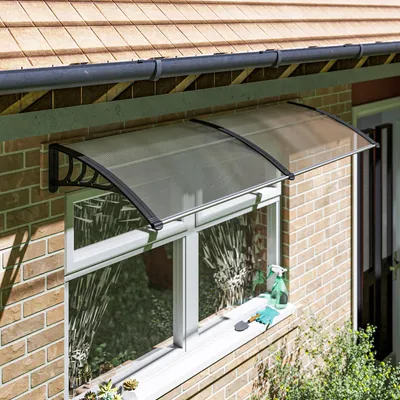 Produktbild von Vordach Haustür Polycarbonat gebogen, Pultvordach Überdachung, UV-Schutz Regenschutz Außen, Transparent Schwarz | 195 x 75 cm | 5 mm PC | Alu-Rahmen
