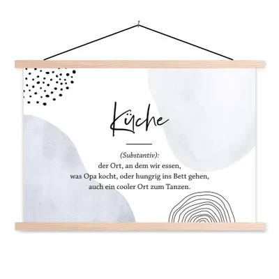 Produktbild von MuchoWow® Textilposter Zitate - Küche - Definition der Küche - Sprichwörter - Wörterbuch 120x80 cm mit holzfarbenen Rahmen - Aufhängeset