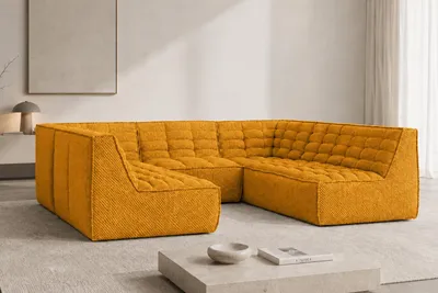 Zdjęcie produktu dla Narożnik modułowy w kształcie U, tkanina pluszowa Pop, Musztardowy, LAZY U CORNER