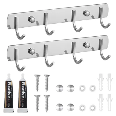 Productafbeelding van Set van 2 wandhaken met 4 haken van roestvrij staal, 20 cm