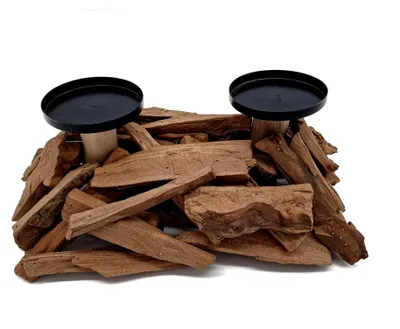 Produktbild von Kerzenständer aus Treibholz für 2 Stumpenkerzen - 31 x 19 cm - Holz mit Metallkerzentellern - Tischdeko