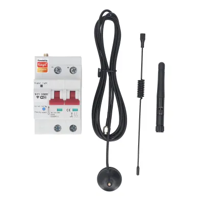 A product shot of a smart circuit breaker and its accessories on a white background.