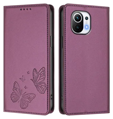 Image de Étui en cuir pour Xiaomi Mi 11, motif papillon, étui portefeuille à rabat avec support, violet