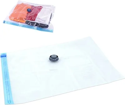 A vacuum seal bag with a valve, and a smaller vacuum seal bag containing clothes.