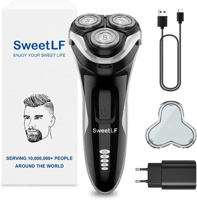 Produktbild von SweetLF Elektrischer Herrenrasierer Nass- & Trockenrasur, Wiederaufladbar, IPX7 Wasserdicht, 4D Rotationsköpfe, Barttrimmer, LED-Display,Schnellladung