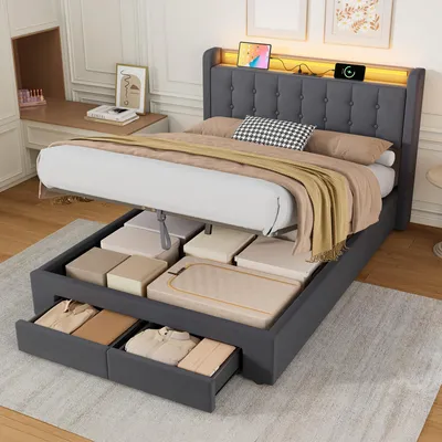 Produktbild von STILVORA Polsterbett 140x190cm Jugendbett Mit USB-Anschluss & LED-Lichtband –Bettgestell mit Schubladen und Steckdosen, Grau, ohne Matratze