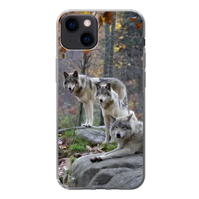 Produktbild von MuchoWow® Handyhülle Schutzhülle Hülle für iPhone 13 Wölfe - Fels - Wald Silikon Softcase Handy Hülle - Karteninhaber