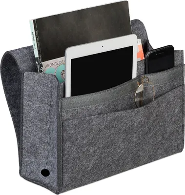 Produktbild von Relaxdays Betttasche, zum Einhängen, 6 Fächer, 4 Klettverschlüsse, Filz, Bett Organizer HBT 27x31,5x11,5 cm, dunkelgrau