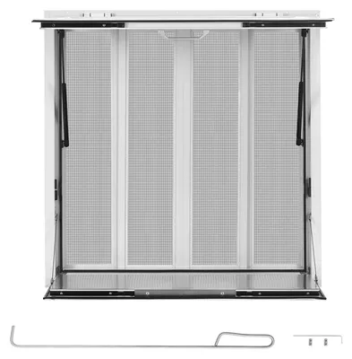 Obrázek produktu pro SucceBuy prodejní okno pro food trucky, rozměry 915 x 915 x 110 mm, vyrobené z hliníkové slitiny, odolné povětrnostním vlivům, výklopné až do úhlu 85°, s výklopnou policí, 4 posuvnými moskytiérami a tažným hákem
