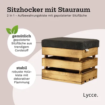Obrázok produktu pre Lycce taburetka s úložným priestorom, 2 v 1 drevená debna s mäkkým čalúneným vekom z manšestru, rôzne farby, farba: tmavošedá