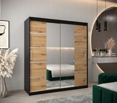 Produktbild von Schrank mit Spiegeln VIVIEN – Breite 180 cm, Schwarz / Eiche Artisan