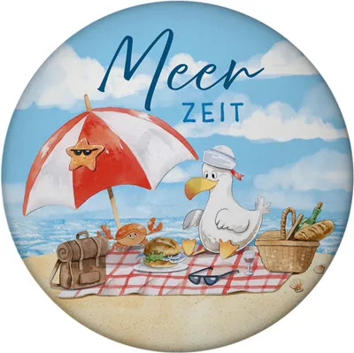 Produktbild von Möwe am Strand Magnet mit Flaschenöffner rund mit Spruch Meerzeit