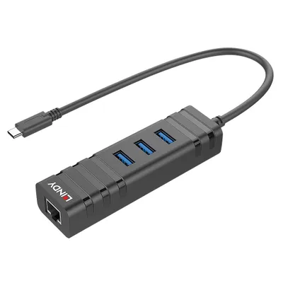 Produktbild von Lindy 43249, USB 3.2 Gen 1 (3.1 Gen 1) Type-C, RJ-45, USB 3.2 Gen 1 (3.1 Gen 1) Type-A, 5000 Mbit/s, Schwarz, Kunststoff, 0,26 m