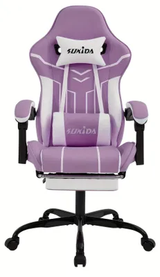Image de Fauteuil de jeu – Fauteuil de jeu ergonomique avec repose-pieds et accoudoirs rembourrés – Violet et blanc