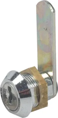 A close-up studio shot of a silver and brass cam lock with a lever.