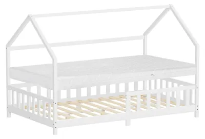 Produktbild von ML-Design Kinderbett 120x200cm mit Matratze Rausfallschutz Dach & Lattenrost Weiß Montessori Bodenbett aus Kiefernholz Hausbett für Mädchen & Jungen