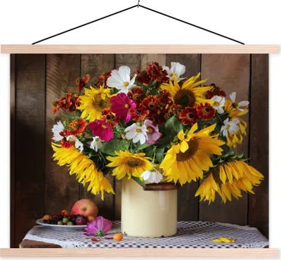 Produktbild von MuchoWow® Textilposter Blumen - Farben - Stilleben 120x90 cm mit holzfarbenen Rahmen - Magnetisch