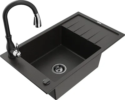 Produktbild von Mexen Elias 1 Becken-Granitspüle mit Abtropffläche und Mischbatterie Savita, Schwarz/Gold metallisch - 6511-75-672601-70-B